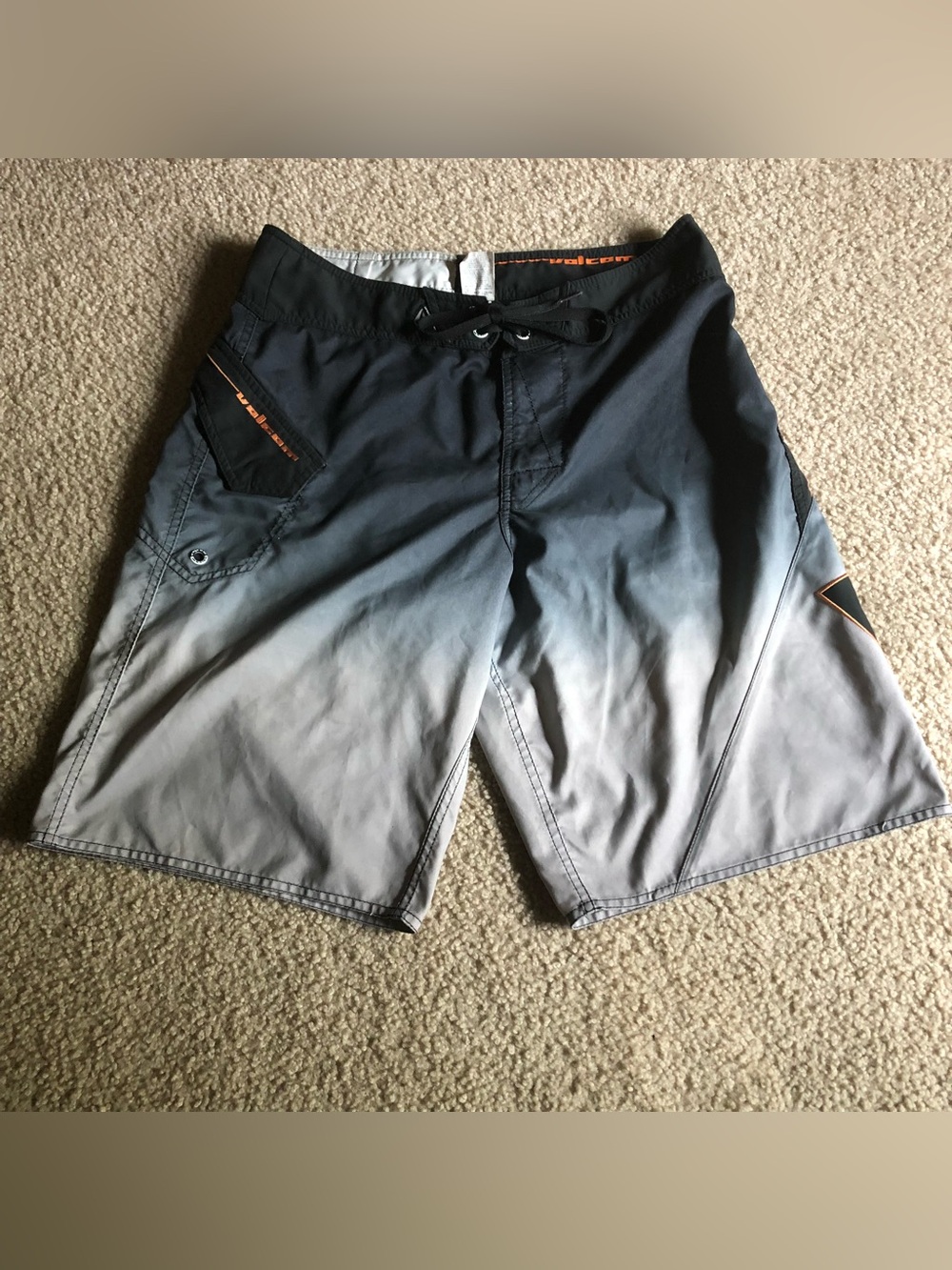 Volcom Black to Light Gray Ombre Swim Trunks with Orange Accents